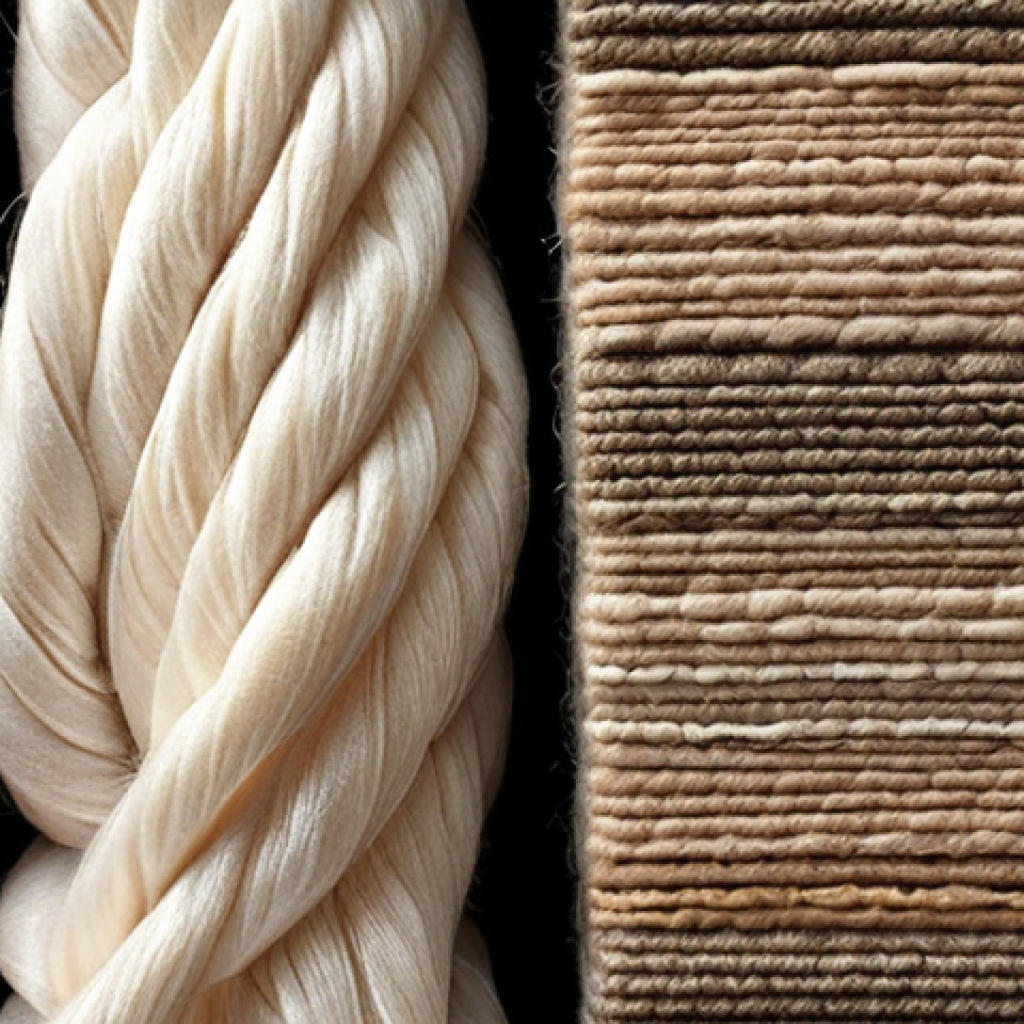**
Close-up shot of various textile fibers (cotton, silk, wool, polyester, nylon) arranged side-by-side. Focus on textures and individual fiber characteristics. Soft, diffused lighting.
**