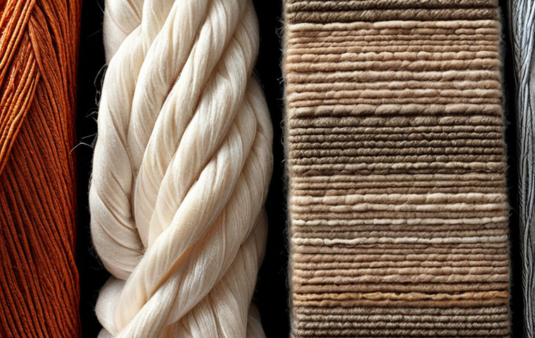 **
Close-up shot of various textile fibers (cotton, silk, wool, polyester, nylon) arranged side-by-side. Focus on textures and individual fiber characteristics. Soft, diffused lighting.
**