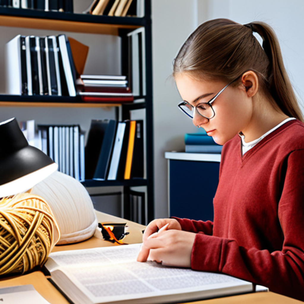 **
A focused student studying textbooks and notes related to fiber engineering. Show a desk with books about yarn manufacturing and textile chemistry. Highlight concentration and a positive attitude, with a timetable visible in the background.
**