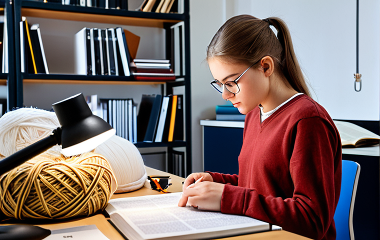 **
A focused student studying textbooks and notes related to fiber engineering. Show a desk with books about yarn manufacturing and textile chemistry. Highlight concentration and a positive attitude, with a timetable visible in the background.
**