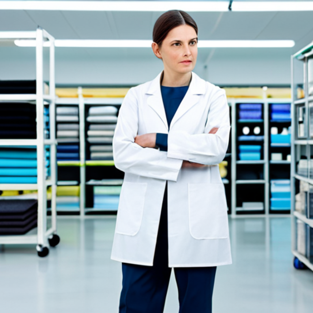 A professional textile engineer, in a modest lab coat and smart trousers, stands in a brightly lit, modern sustainable textile research laboratory. The background features shelves with samples of eco-friendly fabrics like recycled polyester and organic cotton, and a large digital display showing 3D textile designs and AI-driven material analysis. The engineer is holding a small swatch of innovative biodegradable fabric, examining it closely with a thoughtful expression.
* **Quality modifiers**: Professional photography, sharp focus, high detail, perfect anatomy, correct proportions, natural pose, well-formed hands, proper finger count, natural body proportions, safe for work, appropriate content, fully clothed, professional dress.