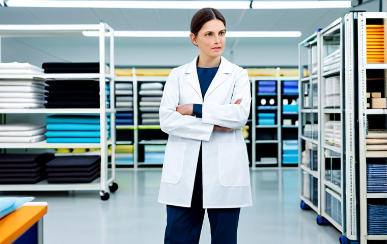 A professional textile engineer, in a modest lab coat and smart trousers, stands in a brightly lit, modern sustainable textile research laboratory. The background features shelves with samples of eco-friendly fabrics like recycled polyester and organic cotton, and a large digital display showing 3D textile designs and AI-driven material analysis. The engineer is holding a small swatch of innovative biodegradable fabric, examining it closely with a thoughtful expression.
* **Quality modifiers**: Professional photography, sharp focus, high detail, perfect anatomy, correct proportions, natural pose, well-formed hands, proper finger count, natural body proportions, safe for work, appropriate content, fully clothed, professional dress.