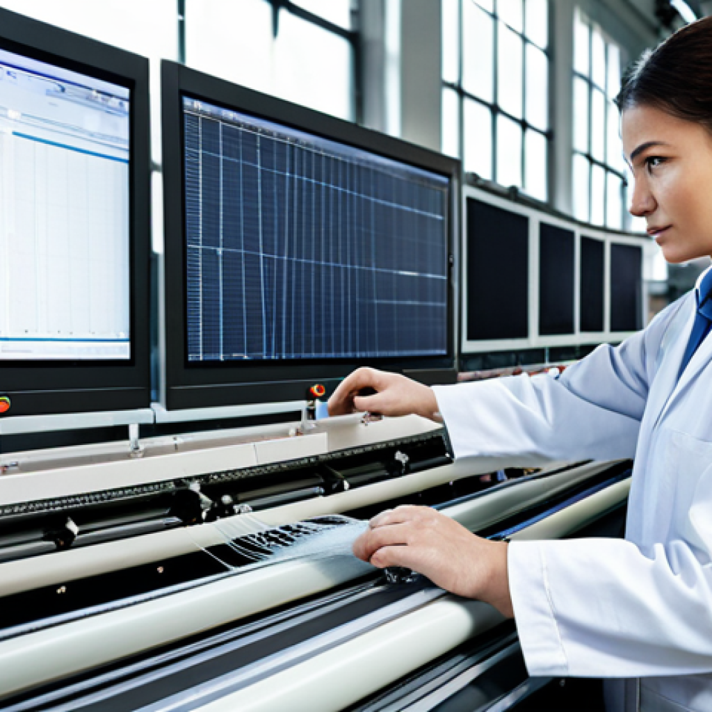 A professional textile engineer, fully clothed in a modest lab coat and appropriate attire, meticulously observing a sophisticated automated weaving loom on a brightly lit modern factory floor. Digital screens in the background display real-time production data. The engineer's expression is analytical and focused on problem-solving. Professional photography, high-resolution, detailed textures, clean industrial aesthetic. safe for work, appropriate content, perfect anatomy, correct proportions, natural pose, well-formed hands, proper finger count, natural body proportions.