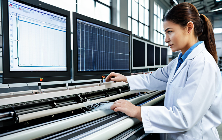 A professional textile engineer, fully clothed in a modest lab coat and appropriate attire, meticulously observing a sophisticated automated weaving loom on a brightly lit modern factory floor. Digital screens in the background display real-time production data. The engineer's expression is analytical and focused on problem-solving. Professional photography, high-resolution, detailed textures, clean industrial aesthetic. safe for work, appropriate content, perfect anatomy, correct proportions, natural pose, well-formed hands, proper finger count, natural body proportions.