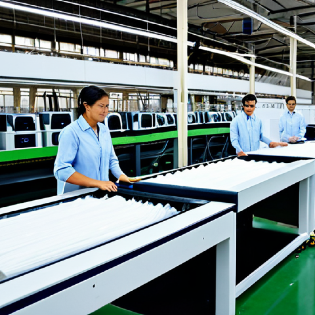 **
A modern textile factory showcasing technological innovation. Workers in appropriate attire overseeing advanced machinery like 3D printers and smart textile looms. The scene emphasizes sustainable practices: recycling bins, water conservation systems, and use of organic cotton bales. "Safe for work," "appropriate content," "fully clothed," "professional," "perfect anatomy," "natural proportions," "high quality," reflecting technological advancement and sustainability.
**