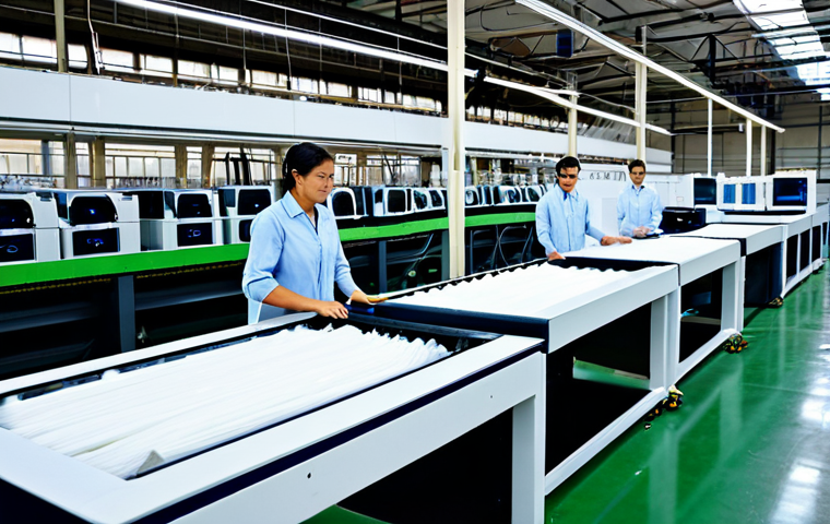 **
A modern textile factory showcasing technological innovation. Workers in appropriate attire overseeing advanced machinery like 3D printers and smart textile looms. The scene emphasizes sustainable practices: recycling bins, water conservation systems, and use of organic cotton bales. "Safe for work," "appropriate content," "fully clothed," "professional," "perfect anatomy," "natural proportions," "high quality," reflecting technological advancement and sustainability.
**