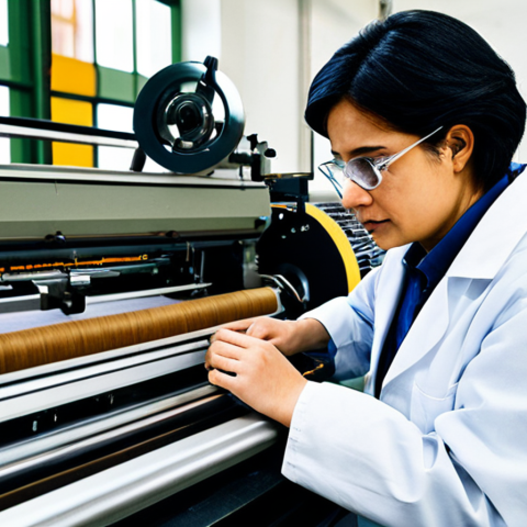 **

A professional textile engineer, fully clothed in appropriate work attire (lab coat, safety glasses), inspecting a weaving machine in a brightly lit textile mill. Focus on the machine and the engineer's focused expression. Safe for work, appropriate content, professional, modest. Perfect anatomy, correct proportions, natural pose, well-formed hands, proper finger count, natural body proportions.

**