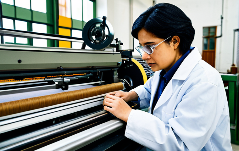 **

A professional textile engineer, fully clothed in appropriate work attire (lab coat, safety glasses), inspecting a weaving machine in a brightly lit textile mill. Focus on the machine and the engineer's focused expression. Safe for work, appropriate content, professional, modest. Perfect anatomy, correct proportions, natural pose, well-formed hands, proper finger count, natural body proportions.

**