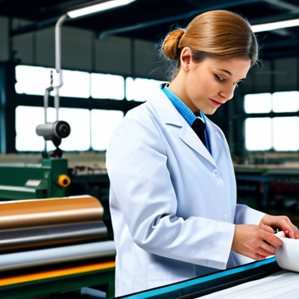 A textile engineer in a fully clothed, modest lab coat, inspecting fabric samples in a bright, modern textile mill. Safe for work, appropriate content, professional attire, perfect anatomy, natural pose, high quality.