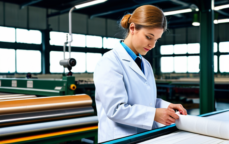A textile engineer in a fully clothed, modest lab coat, inspecting fabric samples in a bright, modern textile mill. Safe for work, appropriate content, professional attire, perfect anatomy, natural pose, high quality.