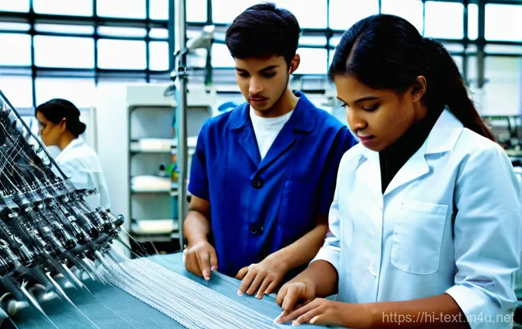 섬유기사 실기시험의 중요성 - **Prompt 1: Collaborative Learning in a Modern Textile Lab**
"A group of diverse young adult tex...