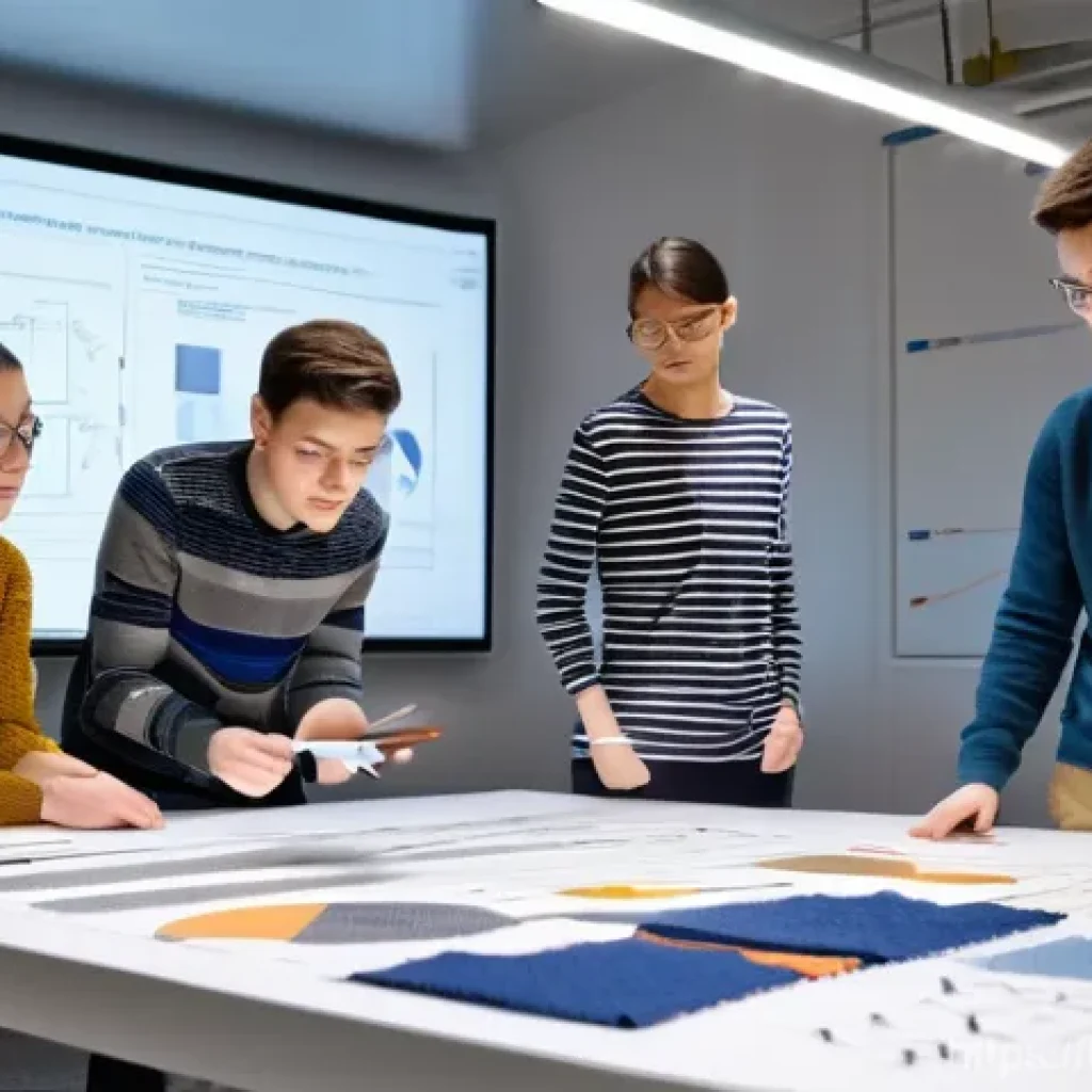 섬유기사 필기시험 대비 방법 - **Prompt:** A diverse group of young, college-aged students (two males, two females), dressed in sma...