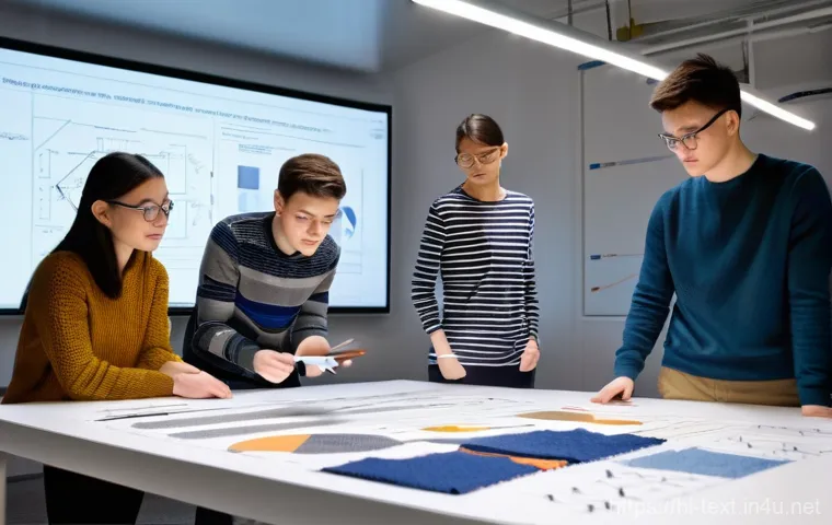 섬유기사 필기시험 대비 방법 - **Prompt:** A diverse group of young, college-aged students (two males, two females), dressed in sma...