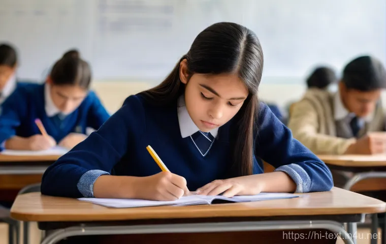 섬유기사 필기시험의 어려운 문제 대처법 - **Prompt 1: Calm Focus in the Examination Hall**
A realistic image of a young student, approxima...