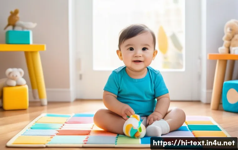 섬유기사 자격증 취득 후의 전망 - **A toddler wearing a cute animal-themed diaper, sitting on a colorful playmat surrounded by soft bl...