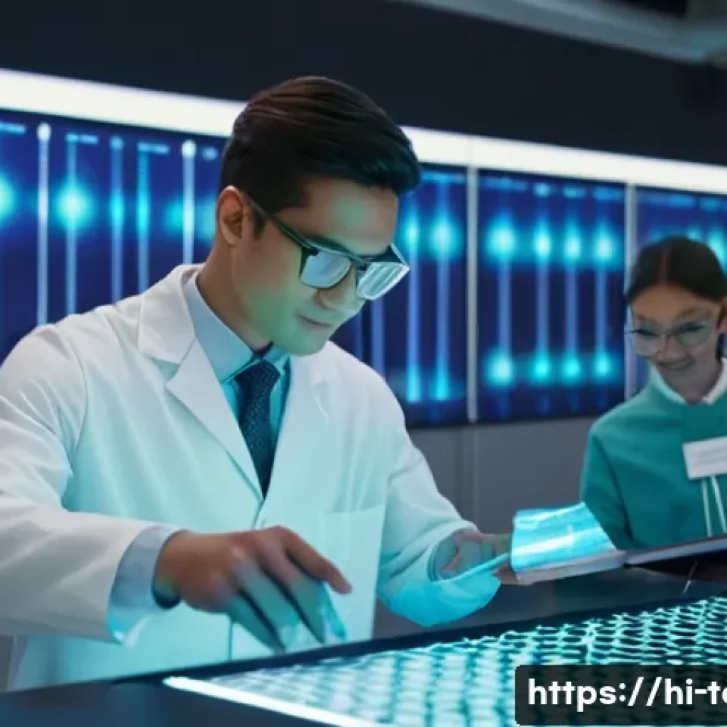 섬유기사와 시험 대비 성공 사례 - **Prompt: A futuristic, brightly lit textile research laboratory bustling with activity. A diverse g...