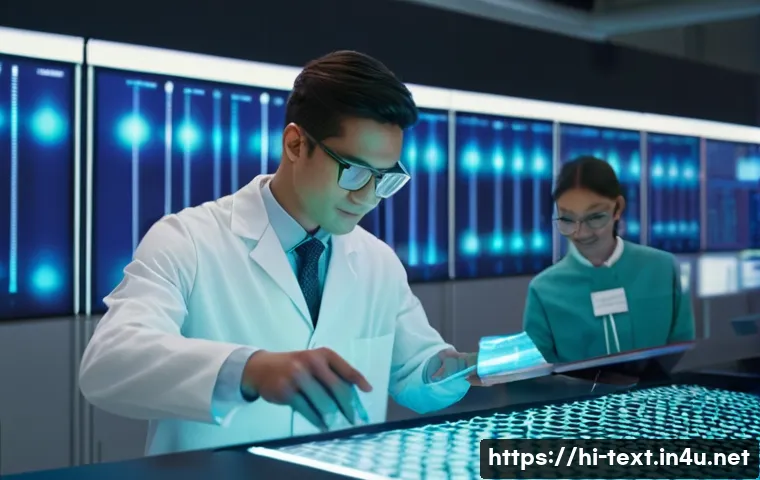 섬유기사와 시험 대비 성공 사례 - **Prompt: A futuristic, brightly lit textile research laboratory bustling with activity. A diverse g...