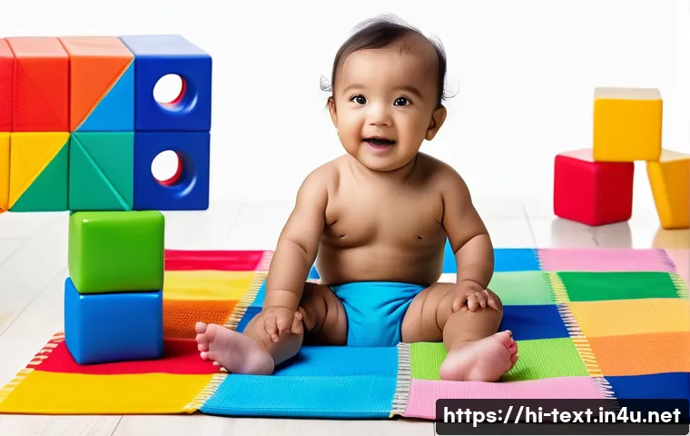 섬유기사 필기 중점 과목 - "A toddler wearing a cloth diaper, sitting on a colorful playmat surrounded by soft blocks. The styl...