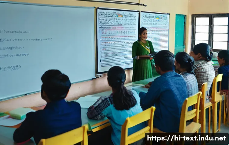 섬유기사 필기 시험 난이도 - A detailed classroom scene showing a diverse group of Hindi-speaking students studying for the 섬유기사 ...