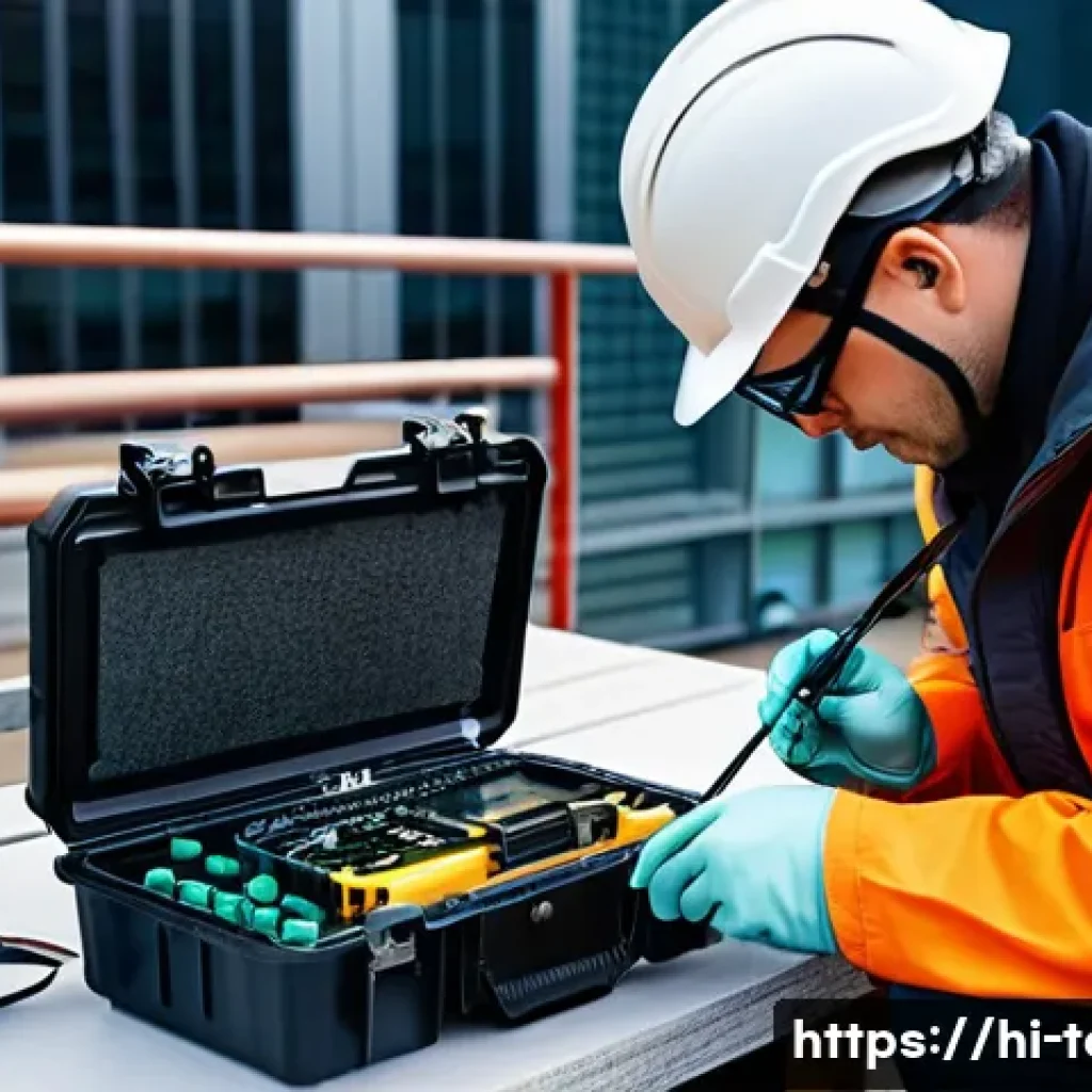 섬유기사 실무자 인터뷰 - A professional fiber optic technician wearing safety gear including a helmet, gloves, and protective...