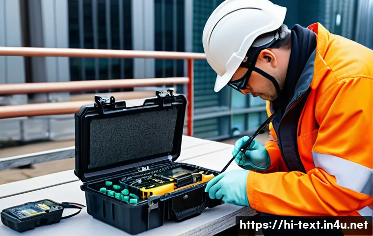 섬유기사 실무자 인터뷰 - A professional fiber optic technician wearing safety gear including a helmet, gloves, and protective...