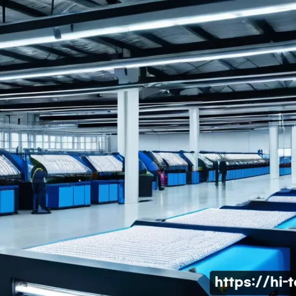 섬유기사와 관련 업계 전망 - A high-tech textile factory interior showcasing advanced smart machinery and automation in action: s...