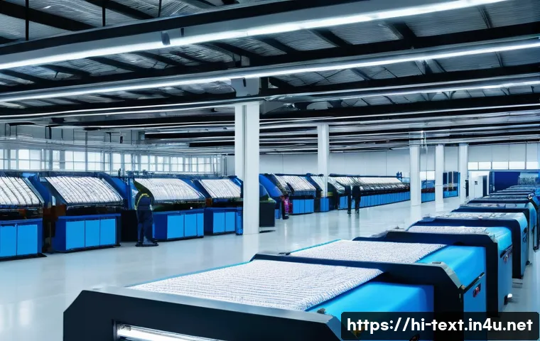섬유기사와 관련 업계 전망 - A high-tech textile factory interior showcasing advanced smart machinery and automation in action: s...