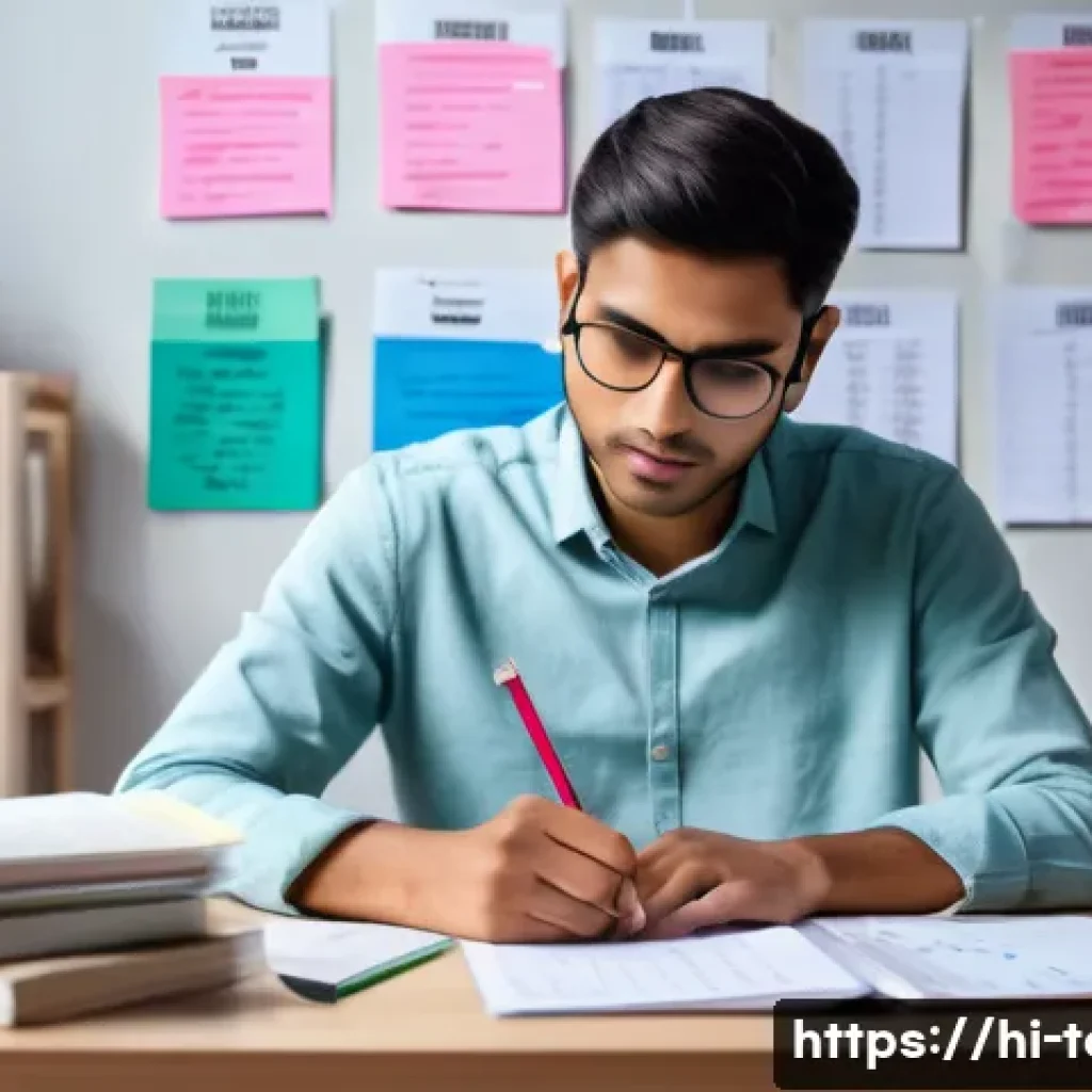 섬유기사 시험 중 실수 방지법 - A focused Indian student sitting at a study desk in a well-lit room, wearing casual comfortable clot...