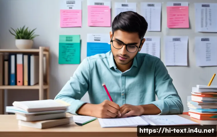 섬유기사 시험 중 실수 방지법 - A focused Indian student sitting at a study desk in a well-lit room, wearing casual comfortable clot...