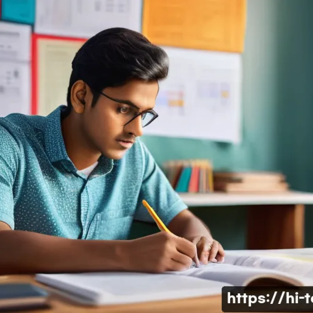 섬유기사 필기시험의 준비 방법 - A focused Indian student sitting at a study desk surrounded by textbooks on fiber technology, yarn m...