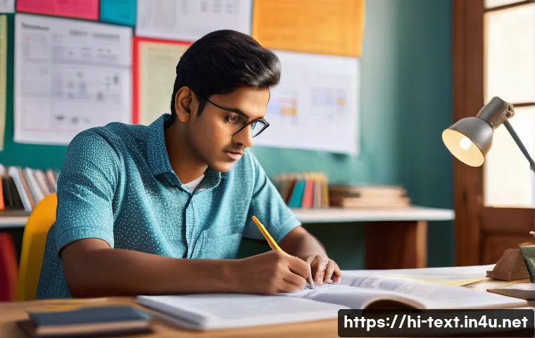 섬유기사 필기시험의 준비 방법 - A focused Indian student sitting at a study desk surrounded by textbooks on fiber technology, yarn m...