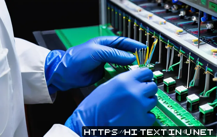 섬유기사 실기시험 대비 방법 - A detailed close-up of a modern fiber optic laboratory setup showing a technician&rsquo;s hands wearing sa...