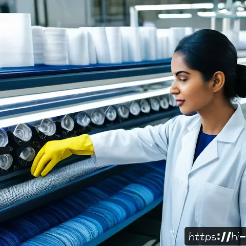 섬유기사 자격증으로 갈 수 있는 직업 - A professional fabric technician inspecting textile quality in a modern production facility, wearing...