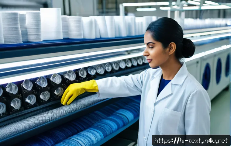 섬유기사 자격증으로 갈 수 있는 직업 - A professional fabric technician inspecting textile quality in a modern production facility, wearing...