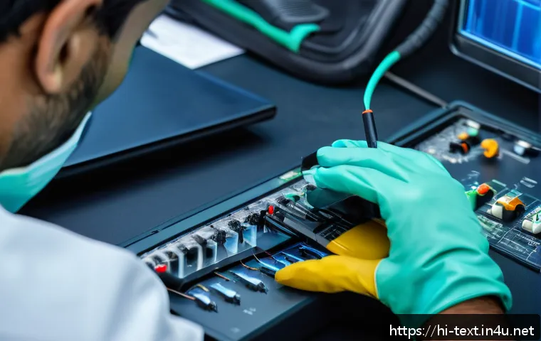 섬유기사 독학 가능성 - A detailed close-up view of a fiber optic technician&rsquo;s hands carefully splicing single-mode fiber op...
