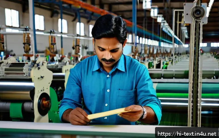 섬유기사 자격증 취득 후의 진로 - A modern textile engineer in a vibrant Indian textile factory, wearing professional attire and safet...
