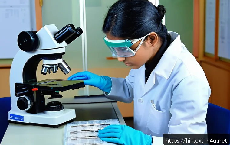 섬유기사와 실기시험 준비 체크리스트 - A detailed, realistic laboratory scene showing a young Hindi-speaking student wearing protective glo...