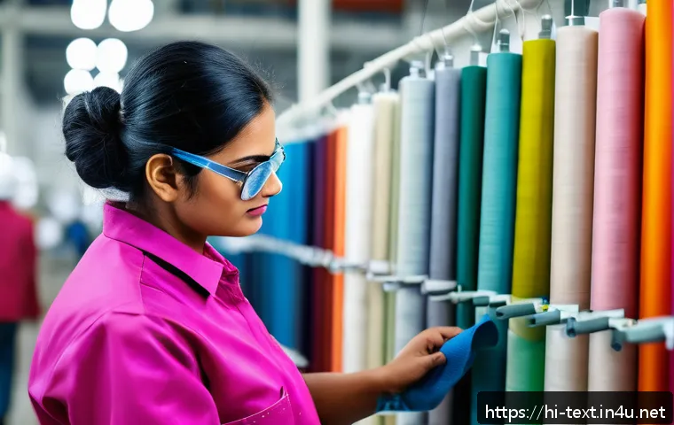 섬유기사 자격증의 미래 전망 - A professional textile fabric technician in a modern factory setting, wearing protective workwear an...