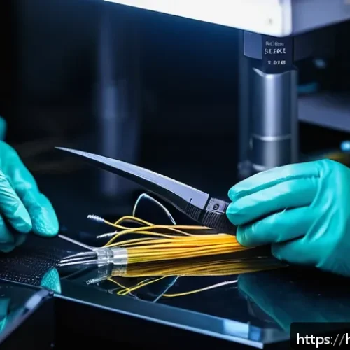 Home 31 섬유기사 실기 준비 체크리스트 - A detailed close-up scene of a skilled fiber optic technician carefully cutting and stripping a fibe...