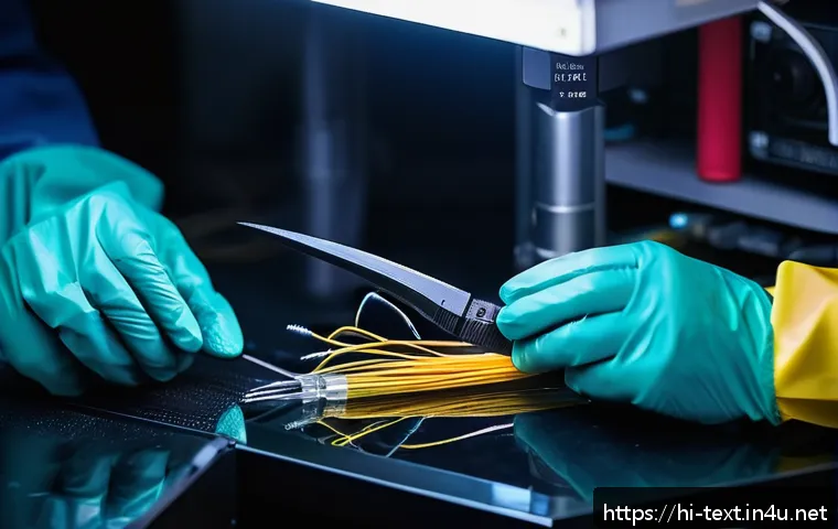 섬유기사 실기 준비 체크리스트 - A detailed close-up scene of a skilled fiber optic technician carefully cutting and stripping a fibe...