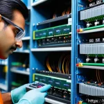 Home 18 섬유기사와 실기시험 준비 노하우 - A detailed close-up scene of an Indian fiber optic technician in a modern workshop, wearing safety g...