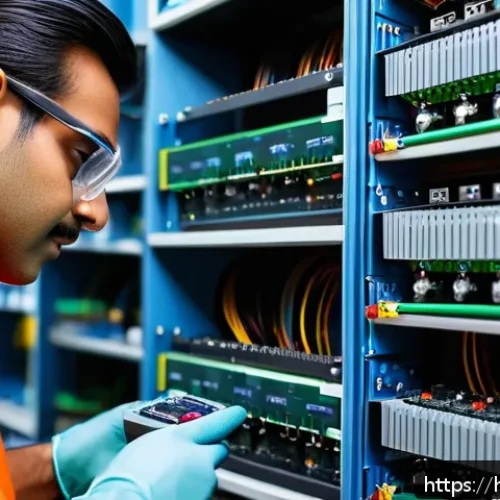 Home 30 섬유기사와 실기시험 준비 노하우 - A detailed close-up scene of an Indian fiber optic technician in a modern workshop, wearing safety g...
