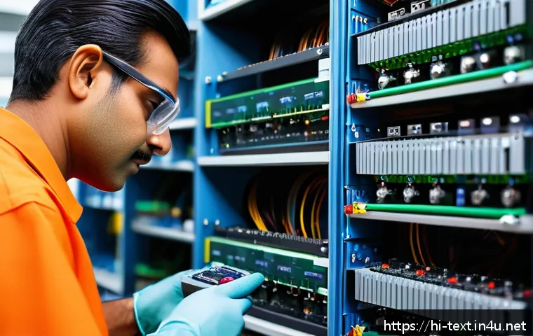 섬유기사와 실기시험 준비 노하우 - A detailed close-up scene of an Indian fiber optic technician in a modern workshop, wearing safety g...