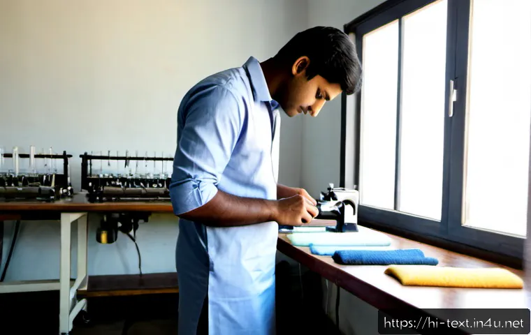 섬유기사와 실기시험 준비 사례 - Photorealistic textile engineering student in a clean Indian technical laboratory preparing for a pr...