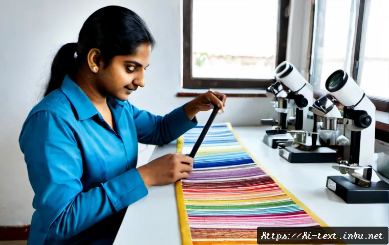 Home 17 섬유기사와 관련 직업군의 특징 - Photorealistic textile engineer in a modern Indian fabric testing laboratory, examining colorful wov...