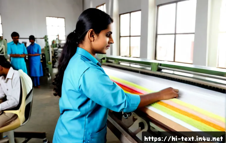 섬유기사 실무 프로젝트 사례 - Photorealistic textile engineering project in a modern Indian garment factory, female textile engine...