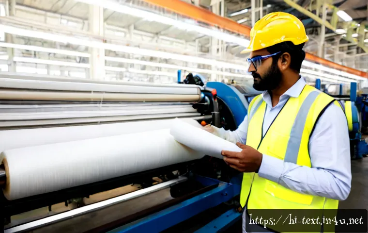 섬유기사와 산업용 섬유 - Photorealistic textile engineer in a clean modern Indian industrial textile factory, wearing safety ...