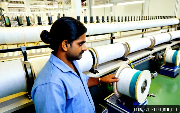 섬유기사와 섬유 생산 공정 - Photorealistic Indian textile engineer in clean safety gear inspecting tightly wound cotton yarn spo...