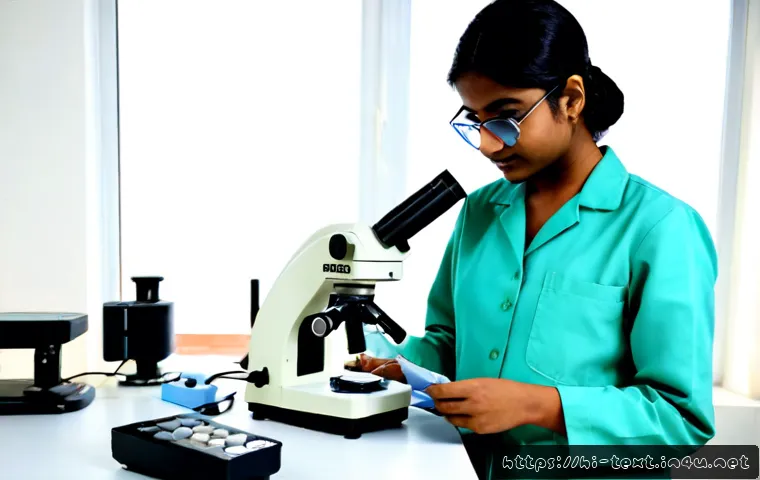 섬유기사 자격증의 실질적 효과 - Photorealistic Indian textile quality technician in a clean modern fabric testing laboratory, wearin...