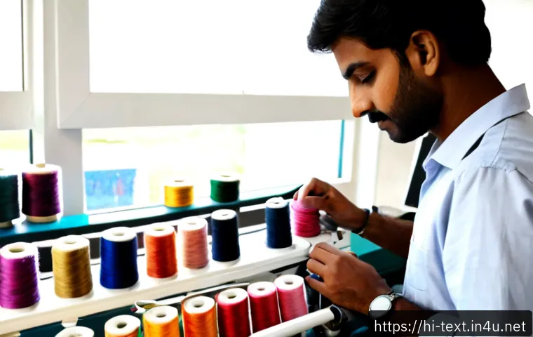 섬유기사와 섬유 공학 - Photorealistic Indian textile engineer in a clean modern textile laboratory, carefully examining col...